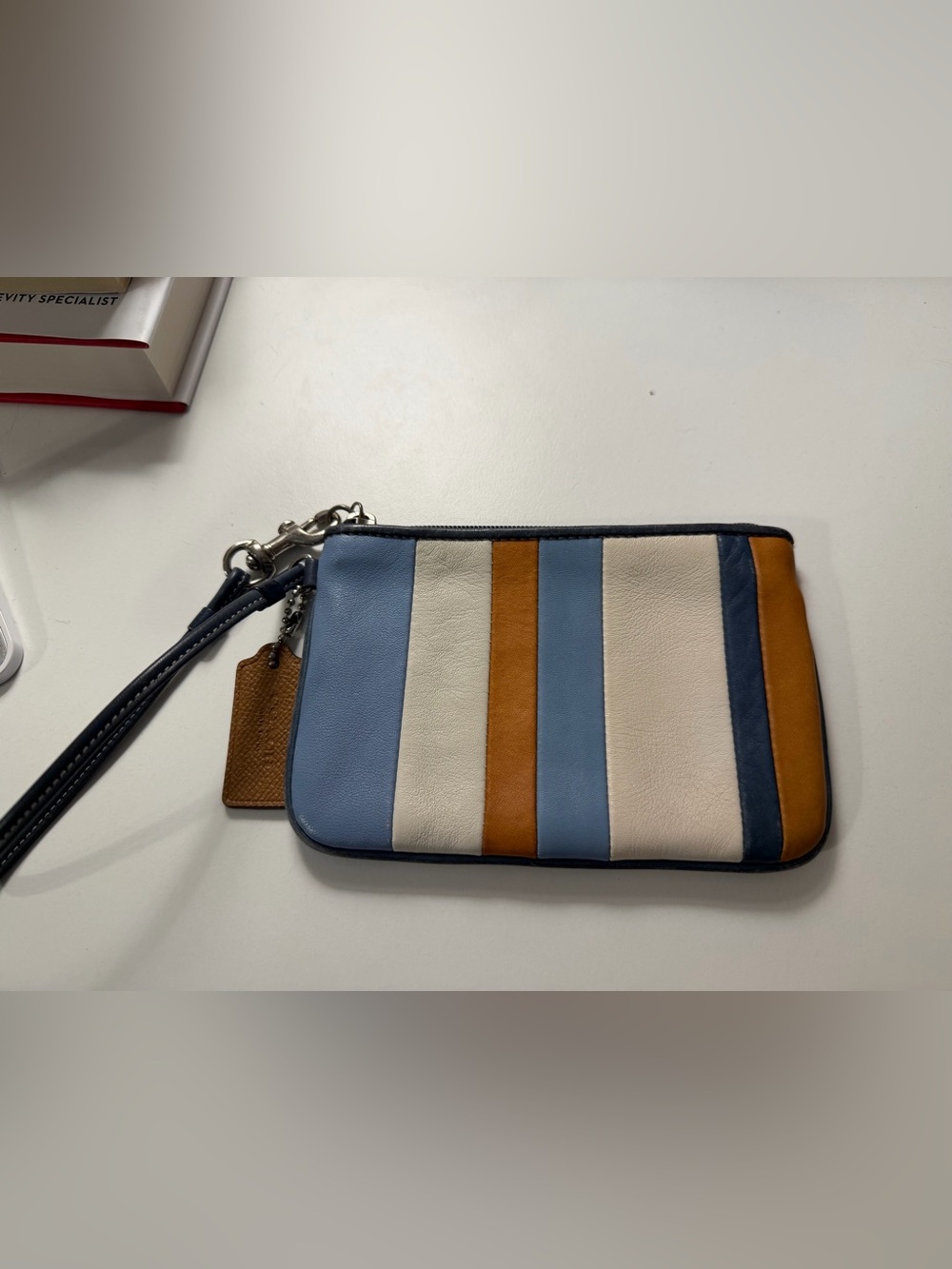 Coach Vintage Striped Leather Wristlet Pouch in Blue, Cream & Tan
